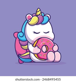 Unicorn Lucu Makan Donat Dengan Kentang Goreng Dan Ilustrasi Ikon Kartun Vektor Soda. Konsep Ikon Makanan Hewan Terisolasi PremiumVector. Gaya Kartun Datar
