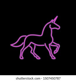 Unicorn luminescent sign. Magical horse bright emblem. Vector illustration in neon style.