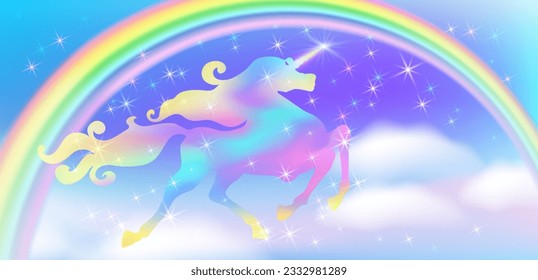 Unicorn with luxurious winding mane against the background of the fantasy universe with stars, clouds and rainbow. Galloping iridescent unicorn.