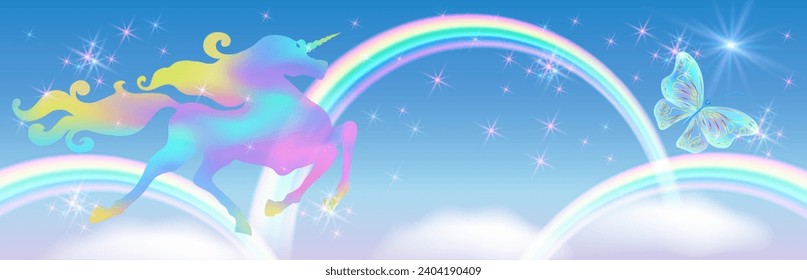 Unicorn with luxurious winding mane against the background of the fantasy universe with sparkling stars, butterfly, clouds and rainbow.