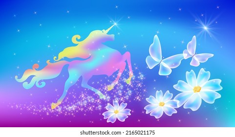 Einicorn mit luxuriösem Wickelmane, Schmetterfliegen und transparenten Blumen auf dem Hintergrund des Fantasy-Universums mit funkelnden Sternen