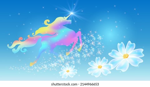 Einicorn mit luxuriöser Wickelmane und transparenten Blumen auf dem Hintergrund des Fantasy-Universums mit funkelnden Sternen