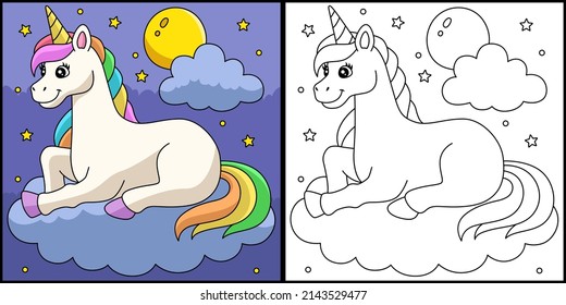 Unicorn Lying On The Cloud Coloring Page