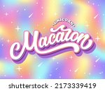 Unicorn Macaron hand drawn vector logo. Lettering typography on gradient background in rainbow colors. French dessert logotype concept for packaging, menu, banner, emblem, sticker, label, poster