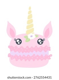 Unicorn macaron pastry, cute pastel pink color confection, treat illustration isolated. Birthday celebration, sweet food, dessert, kids party clip art, design element. Hand drawn flat vector