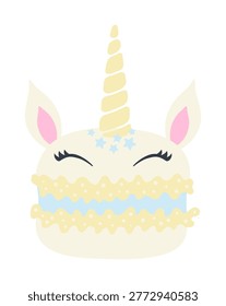 Pastel de macarrones unicornio, dulce de color pastel lindo, ilustración de trato aislado. Celebración de cumpleaños, comida dulce, postre, arte de Clip de fiesta infantil, elemento de diseño. Vector plano dibujado a mano