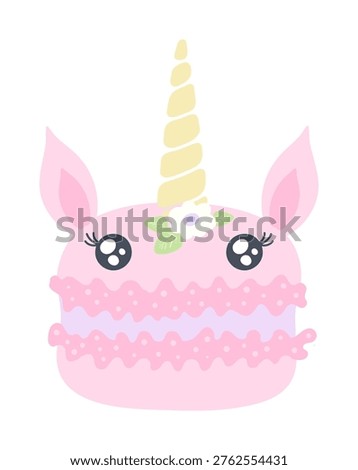 Unicorn macaron pastry, cute pastel pink color confection, treat illustration isolated. Birthday celebration, sweet food, dessert, kids party clip art, design element. Hand drawn flat vector