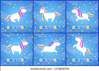 Unicorn magic animal posters with text set vector. Mythological creature resembling horse having horn on head. Flowers with shining stars cartoon