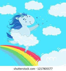 Unicorn with magic blue mane dancing on rainbow on clouds background. Cartoon doodle pony ballerina in ballet tutu of clouds. Cute horse a with horn in the sky. Vector illustration.