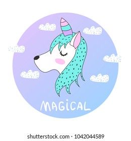 The Unicorn. Magic. Cute. children's adventure. Logo. Print. Card. Scandinavian style. For your design.