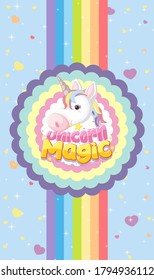 Unicorn magic with cute unicorn head logo in wavy round frame with rainbow  stripes on bright blue background illustration