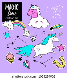 Unicorn magic design element black and white set. Hand drawn seamless pattern with unicorns, rainbows confetti and other elements. Vector background doodle or cartoon style.