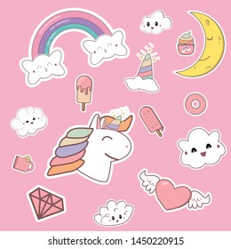 unicorn magic design element set on pink background. vector illustration