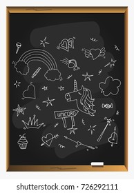 Unicorn magic design element set. Vector illustration isolated on blackboard background.