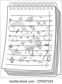 Unicorn magic design element set. Vector illustration isolated on notebook background.