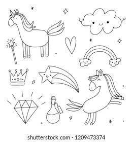 Unicorn and Magic Doodles. Cute unicorn and pony collection with magic items. Hand drawn line style. Vector doodles illustrations.
