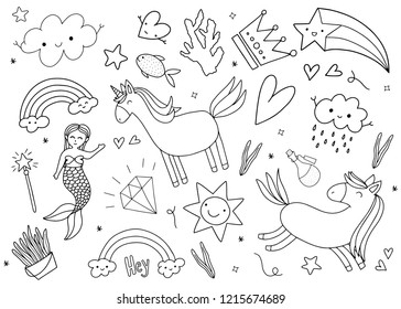 Unicorn and Magic Doodles. Cute unicorn and pony collection with magic items. Hand drawn line style. Vector doodles illustrations.