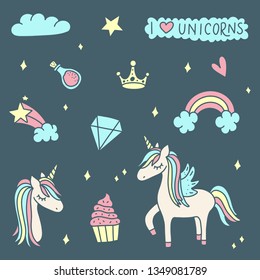 Unicorn and Magic Doodles. Cute unicorn and pony collection with magic items. Hand drawn line style. Vector doodles illustrations.