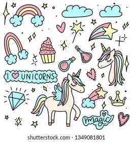 Unicorn and Magic Doodles. Cute unicorn and pony collection with magic items. Hand drawn line style. Vector doodles illustrations.