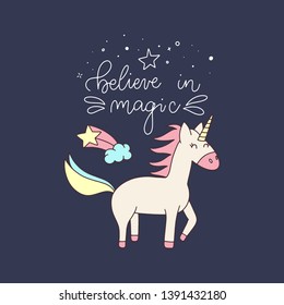 Unicorn and Magic Doodles. Cute unicorn and pony card design. Hand drawn line style. 