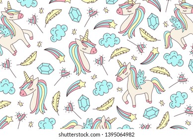 Unicorn and Magic Doodles. Cute unicorn and pony collection with magic items. Unicorn pattern. Hand drawn line style. Vector doodles illustrations.