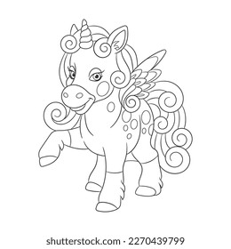 Unicorn, magic fairytale flying horse with wings. Coloring page for kids. Vector illustration.