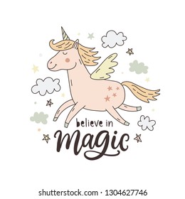 Unicorn magic hand drawn cute poster, greeting card illustration, T-shirt design.