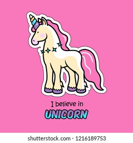 Unicorn magic horn vector illustration - cute cartoon card with text, trendy sticker and fashion shirt design