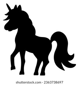 Unicorn. Magic horse with a horn on its head. Silhouette. Vector illustration. Cute pony with a lush mane and tail. Outlines on an isolated background. Idea for web design.