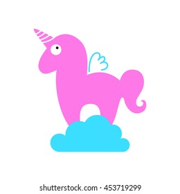 Unicorn. Magic horse with horn and wings on the cloud. Unicorn silhouette on background. Vector illustration. 