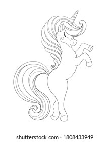 Unicorn, magic horse, Linear hand drawing. Children s coloring book for educational activities in kindergarten, invitations, birthday, holiday. Vector illustration isolated on white background