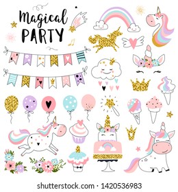 Unicorn magic party elements for greeting, birthday, invitation, baby shower card. Set of rainbow, sweets, crown, balloons, flags, cupcakes and other. Vector illustration.