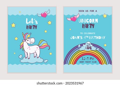 Einhornmagie Party Einladung Design-Vorlage. Cartoon süße Pony eingetaucht auf der Wolke unter den Sternen. Das Beste für Partydesigns. Vektorgrafik.