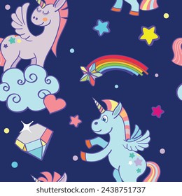 Unicorn magic pattern. Seamless night sky with stars