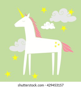 Unicorn with magic pink mane in clouds on green background. Cartoon doodle pony with horn. Cute horse.  Vector illustration.