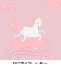 Unicorn with magic pink mane on clouds background. Cartoon doodle pony with yellow horn. Cute horse. Vector illustration.