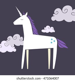 Unicorn with magic purple mane in clouds on background. Cartoon doodle pony with horn. Cute horse.  Vector illustration.