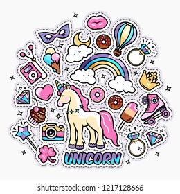 Unicorn magic rainbow vector illustration - cute cartoon card, trendy sticker and fashion shirt design