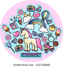 Unicorn magic rainbow vector illustration - cute cartoon card, trendy sticker and fashion shirt design