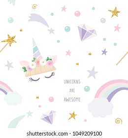 Unicorn magic seamless pattern background with rainbow, stars, comets and diamonds. For print and web. Vector