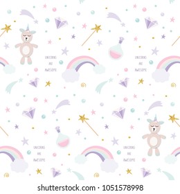 Unicorn magic seamless pattern background with rainbow, stars and diamonds. For print and web.