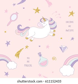 Unicorn magic seamless pattern background with rainbow, stars and diamonds on pastel pink. For print and web.