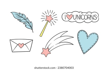 Unicorn magic set. Envelope with letter and blue heart, magic wand. Fantasy and imagination, dream. Social networks stickers. Cartoon flat vector collection isolated on white background