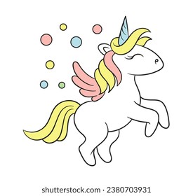 Juego de magia de unicornio. Fantasía e imaginación, cuento de hadas. Pony con colorido relato y cuerno. Carácter ficticio. Plantilla y diseño. Colección vectorial plana de dibujos animados aislada en fondo blanco