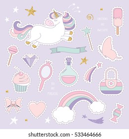Unicorn magic set with glitter. Cute stickers for girls on purple.