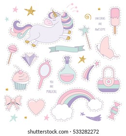 Unicorn magic set with rainbow, stars and sweets. Cute stickers for girls. Pastel colors. Isolated on white.