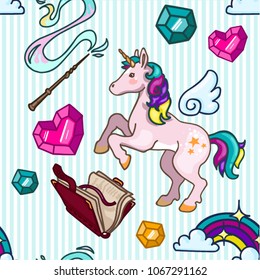 Unicorn. Magic. Set. Stickers. Seamless background .Vector.