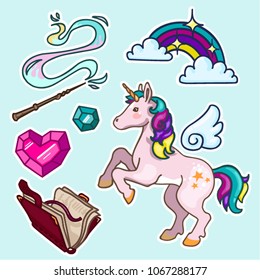 Unicorn. Magic. Set. Stickers. Vector.