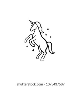 Unicorn with magic stars hand drawn outline doodle icon. Fairytale unicorn vector sketch illustration for print, web, mobile and infographics isolated on white background.