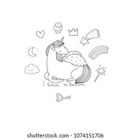 Unicorn and magic things. Mythical creature. Design for children's clothing.